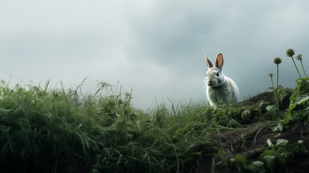 a white rabbit sits on the grass, surrounded by a cloudy skies background. this visually captivating image follows a narrative-driven style, reminiscent of dutch and flemish art. created using mist and schlieren photography techniques, the rabbit appears ethereal in silver and green tones. the photo beautifully captures the essence of animals and showcases a dramatic atmospheric perspective. ai generatedの素材