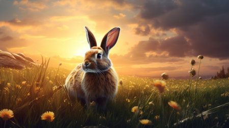 a rabbit peacefully grazes in a field adorned with vibrant dandelions during a breathtaking sunset. this hyper-realistic animal illustration, created using cinema4d, captures the essence of storybook illustrations and photo-realistic landscapes. the ultra hd rendering adds an eerily realistic touch, making it an eye-catching masterpiece. ai generatedの素材