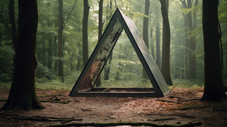 a geometric pyramid stands tall among the trees in the forest, showcasing the unique style of conceptual installations. inspired by dutch realism, this installation incorporates glass as its primary material, creating a striking contrast against the weathered materials surrounding it. the scene exudes a moody and tranquil ambiance, reminiscent of danish design aesthetics. ai generatedの素材
