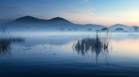 a stunning landscape photograph showcasing a vast lake with sparkling water, distant mountains reflecting in its surface. the mist hangs in the air like yarn, adding an ethereal touch. a small boat can be seen, its presence casting a shadow. close-up shots of reeds add brilliance to the scene, creating a visually stunning composition. this national geographic photography captures the beauty of nature in ultra-highの素材