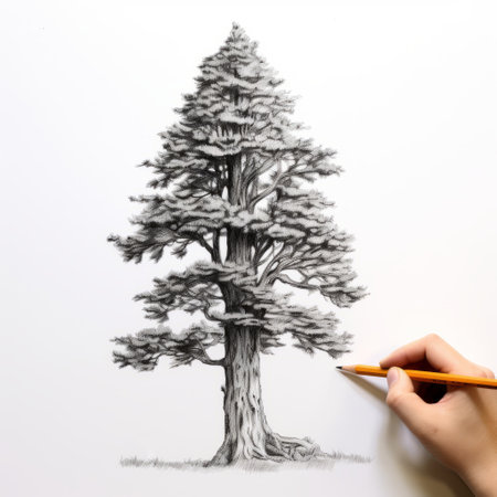 a woman creates a hyperrealistic pencil sketch of a tree, showcasing contrast of scale, exaggerated proportions, and victorian-inspired illustrations. the precisionist lines and shapes bring out the detailed character of the tree, reminiscent of scientific illustrations. ai generatedの素材