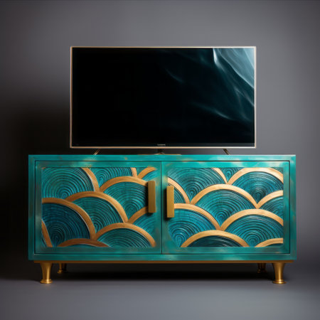 television for dental office in chicago: this product design features a television specifically created for dental office guests in chicago. the design incorporates the use of music and showcases a seamless pattern of seigaiha, an alcohol ink texture. the television is predominantly colored in blue and gold, creating an elegant and visually appealing aesthetic. ai generatedの素材