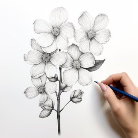 pencil drawing of dogwood flowers in the dark, showcasing intricate and detailed character illustrations. the style is reminiscent of linear illustrations with clean and sharp inking, creating a graphic and tattoo-inspired illustration. ai generatedの素材