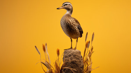 a duck perched on rocks against a vibrant yellow backdrop, reminiscent of mike campau's style. this national geographic photo showcases intricate layers of texture, capturing the singular focus of the duck. the nature-inspired installation highlights the detailed flora and fauna, with a color palette of light brown and teal. ai generatedの素材