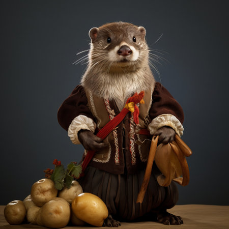 an otter, dressed in traditional costumes, holds a basket filled with potatoes and a stick. this national geographic photo, inspired by the baroque style of mike campau, captures the drama and elegance of classical portraits. with the impeccable quality of the image, it resembles the works of henriette grindat. ai generatedの素材
