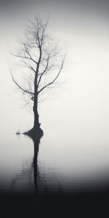 a deer gracefully grazes in a serene waterway, while a distant tree adds to the picturesque scene. this monochromatic minimalist portrait captures the essence of misty gothic aesthetics, with a shallow depth of field emphasizing the deer's presence. the nature-inspired camouflage and flowing silhouettes evoke a sense of german romanticism, enhanced by the grandeur of scale. ai generatedの素材