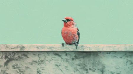 a bird perched on a wall, showcasing the bold saturation and nostalgic illustration style of the innovator. the light red and light indigo colors enhance the photorealistic detail, creating a vivid and captivating image. the scene captures a humorous and soggy animal moment, depicting a realistic everyday life scenario. ai generatedの素材