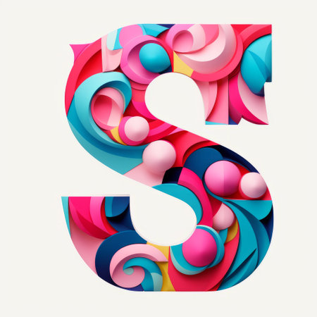 a 3d paper letter s crafted from vibrant tissue paper, showcasing fluid lines and curves. the dynamic lettering is complemented by spherical sculptures and a psychedelic color palette. the ornate simplicity of the design is enhanced by the minimalist illustrator's touch, resulting in tightly cropped compositions. ai generatedの素材