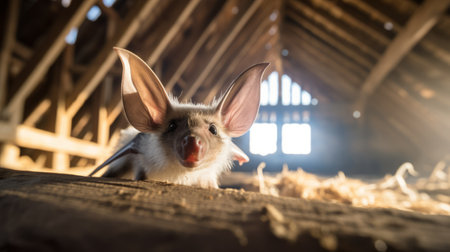 a red flying squirrel bat perches inside a barn, creating a whimsical scene reminiscent of a playful storytelling setting. the image showcases a combination of light white and pink tones, enhanced by a lens flare effect. created using unreal engine 5, the attention to materials and details is evident. this captivating composition exudes a touch of midwest gothic ambiance. ai generatedの素材