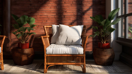 a photo of a realistic and hyper-detailed rendering of a sofa 2 pack, featuring a sl wicker dining chair. the image is set in beijing east village, using common materials to create a naturalistic atmosphere. the attention to detail is evident in the realistic textures, and the use of caffenol developing enhances the overall high-quality result. ai generatedの素材