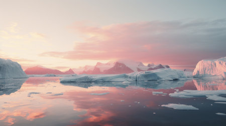 icebergs floating in the water at sunset, with clouds in the background. rendered in cinema4d, this image showcases a soft and dreamy landscape. the colors used, light cyan and light crimson, add to the atmospheric and realistic hyper-detail of the scene. inspired by the works of michael komarck and isaac levitan, this photograph captures the beauty of nature in a captivating way. ai generatedの素材
