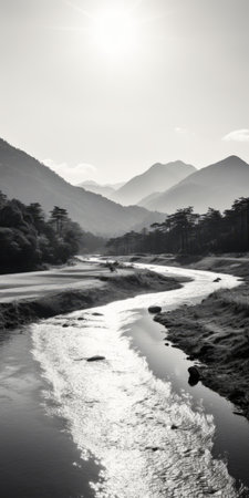 a black and white photo featuring a mountain river in the background, capturing the essence of shinji aramaki's style. the realistic landscape showcases soft, tonal colors, while the zeiss batis 18mm f2.8 lens adds depth to the mountainous vistas. the contrasting shadows evoke a sense of mystery, reminiscent of the shang dynasty. yuko tatsushima's artistic touch brings this captivating scene to life. ai generatedの素材