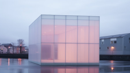 a large minimalist building with flowing water around it, featuring a lightbox and a light magenta color palette. the atmosphere is enhanced by ethereal cloudscapes and atmospheric installations. the design is influenced by danish design principles, showcasing elements of opacity and translucency. ai generatedの素材
