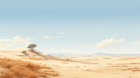 an illustration showcasing the serene beauty of north africa's prairie landscape, combining the essence of dutch landscapes and suffolk coast views. embrace gentle hues, panoramic scale, and a touch of peacefulness with delicate tones of light yellow and light blue. ai generatedの素材