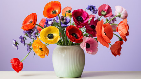 a vibrant bouquet of poppy flowers, arranged in a simple vase, showcased against a plain white background. the well-lit photograph captures the vivid colors and intricate details of the poppy blooms, while the unobtrusive backdrop enhances their beauty. ai generatedの素材