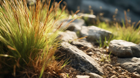 a close-up photo of grass with a godly realistic touch, showcasing the photo realism and vibrant colors of the rocks. the brittle and dry grass adds an elegant and beautiful element to the composition. the rich and vivid contrast, along with the depth of field and black tones, create a crisp and impressive image. shot on a 100mm lens with an aperture of f/2.0, theの素材