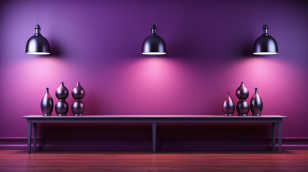 three lamps hang from a purple wall in a home interior, rendered in maya. the lamps have a sleek metallic finish in light red and dark purple. they create vibrant stage backdrops and add a touch of romantic emotivity to the minimalist stage designs. this kitchen still life is visually captivating. ai generatedの素材