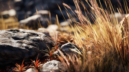 a close-up photo of grass with a godly realistic touch, showcasing the photo realism and vibrant colors of the rocks. the brittle and dry grass adds an elegant and beautiful contrast to the rich and vivid tones. shot on a 100mm lens with an aperture of f/2.0, the natural lighting enhances the depth of field and brings out the crisp and impressive details. this 8kの素材
