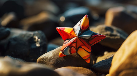 a stunning close-up photo of a star-shaped rock with godly realism. the photo showcases the photo realism and vibrant colors of the brittle yet beautiful rocks. the dry and elegant composition is enhanced by the rich and vivid contrast, with depth of field and black tones adding a crisp and realistic touch. shot on a 100mm lens at f/2.0, the natural lighting brings out theの素材