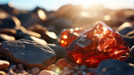a close-up photo of the sun, showcasing its godly and realistic appearance. the rocks in the foreground are colorful, brittle, and beautiful, adding an elegant touch to the scene. the image captures the dryness of the environment, while the rich and vivid contrast creates a sense of depth. shot on a 100mm lens with an aperture of f/2.0, the natural lighting enhances the realistic andの素材