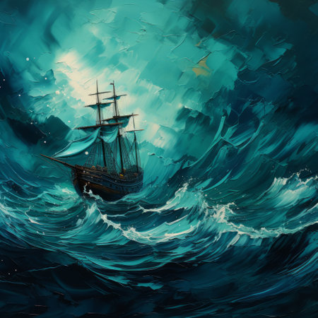 the painting depicts a boat sailing on a turbulent sea, showcasing the speedpainting style. the dark cyan color palette enhances the richness of the detailed backgrounds. the artist, ary scheffer, skillfully employs digital art techniques, including magewave effects and dramatic chiaroscuro, to create a captivating and dynamic composition. ai generatedの素材