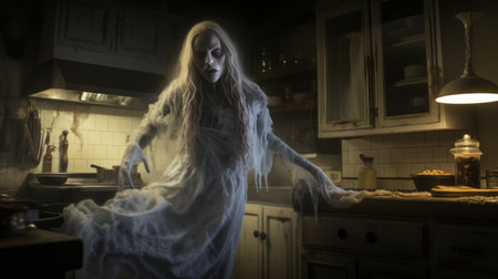 the woman in the frightened kitchen is captured in a national geographic photo, showcasing dramatic lighting effects. the ethereal creatures surrounding her add an eerie touch, reminiscent of halloween. this 8k 3d image by luke fildes combines ghostcore elements, creating a captivating and haunting scene. ai generatedの素材