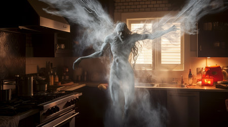 a ghostly figure, resembling a supernatural creature made of mist, is captured in a dynamic pose within a kitchen. this hyperrealistic fantasy photograph, reminiscent of national geographic's style, showcases the intricate details of the ghost's life-like avian illustrations. created using zbrush, this captivating image brings the ethereal world to life. ai generatedの素材