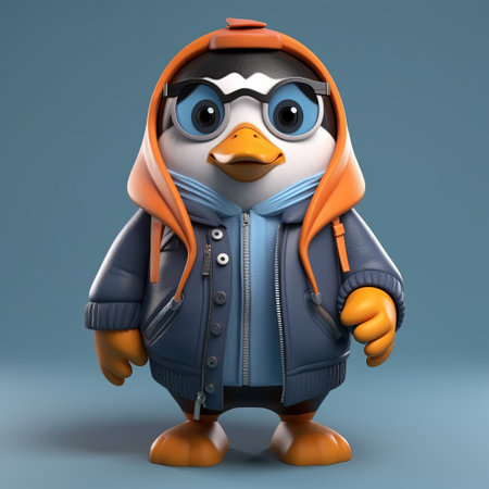 a 3d illustration by jaelanc featuring a penguin with unique character design. this high-resolution artwork showcases multidimensional shading and is made of plastic. the style is characterized by normcore and youthful protagonists, with a focus on animals. ai generatedの素材
