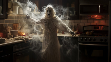 a horror ghost skeleton lurks on a kitchen counter, surrounded by swirling vortexes and a smokey background. the light-filled scenes and detailed costumes create a darkly comedic atmosphere in this photo-realistic hyperbole. this eerie image resembles a movie still, capturing the essence of a spine-chilling horror scene. ai generatedの素材