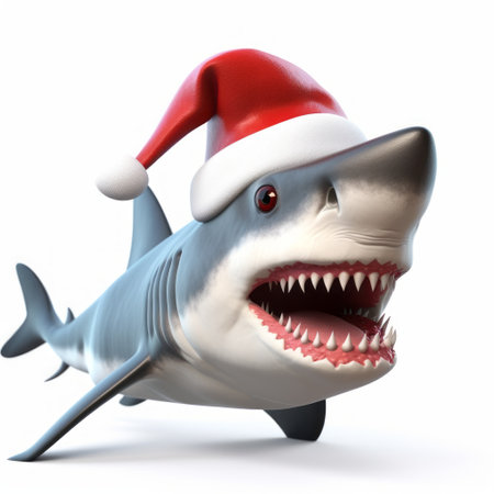 christmas shark ornaments graphic by artnex, featuring a rendered in unreal engine style. the emphasis is on the captivating facial expressions, with a touch of graphite realism. the graphics resemble xbox 360 quality, and the scene is set against a picturesque seaside backdrop. this photo can be found on flickr and is associated with the associated press. ai generatedの素材