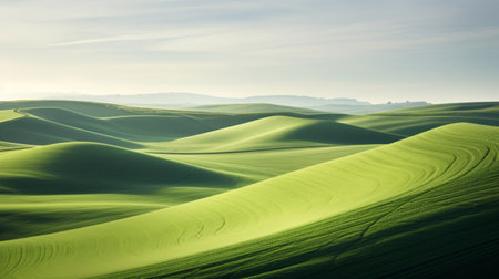 a photo of green pastures on the crest, showcasing minimalist monochromatic landscapes with smooth lines. this national geographic photo captures the essence of nature-inspired imagery, playing with light and shadow to create emotive fields of color. the serene beauty of the tumblewave adds to the overall composition. ai generatedの素材