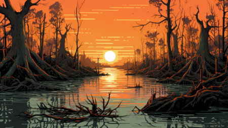 an illustration capturing the sublime wilderness, showcasing a mesmerizing sunset over water with clogged trees. the artwork features a unique style characterized by flat colors, hyperrealistic compositions, bold lithographic elements, and mysterious jungle vibes. the bold outlines and flat colors enhance the visual impact of this captivating scene. ai generatedの素材
