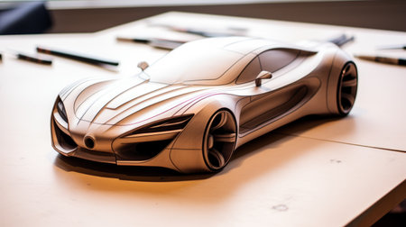 a 3d digital graphics art piece featuring a model luxury sports car with a 2x4 design. the artwork is created in the style of intricate use of hatching, inspired by the dusseldorf school of photography. the design incorporates organic nature-inspired forms, with a color palette of light brown and silver. the minimalist pen lines and tilt shift effect add depth and dimension to the artwork,の素材
