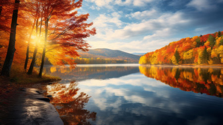 a serene lake in a valley surrounded by maple trees in full autumn splendor. the vibrant colors of the trees are reflected on the calm water's surface, creating a tranquil scene that captures the beauty of nature during the fall season. shot during golden hour, the soft, warm light illuminates the valley, enhancing its picturesque charm. ai generatedの素材
