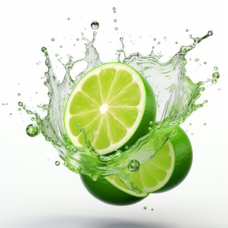 a water splash captures the vibrant lime slice submerged in liquid, creating a visually stunning image. this photorealistic still life showcases crisp graphic design and an illusion of three-dimensionality. taken with a wide-angle lens, the bold colors, marks, and glossy finish add depth and intensity to this associated press photo. ai generatedの素材