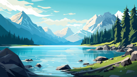an imaginary scenic lake, surrounded by majestic mountains, is depicted in this colorful picture. the artwork is created in a style reminiscent of flat shading, with vibrant shades of light turquoise and dark cyan. the illustration captures the essence of whistlerian landscapes, with lively and precise details. the use of flat color blocks adds to the overall aesthetic, resulting in a high-resolution masterpiece. ai generatedの素材