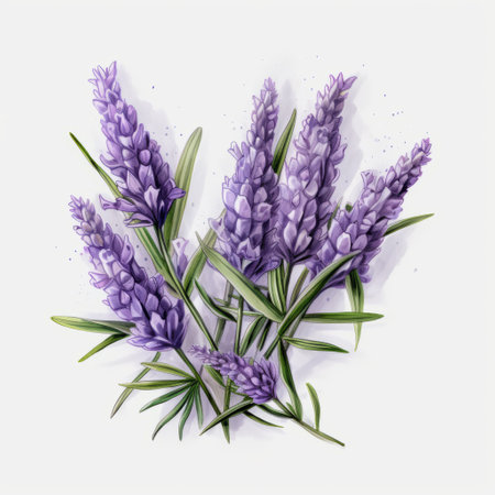 lavender flowers in a watercolor illustration, isolated on a white background. this oil painting vector illustration captures the essence of the subject in a style reminiscent of isometric art. inspired by artists such as carl kleiner and hyacinthe rigaud, this minimalist illustrator creates a dynamic composition with vibrant color combinations. enjoy the high-definition image. ai generatedの素材