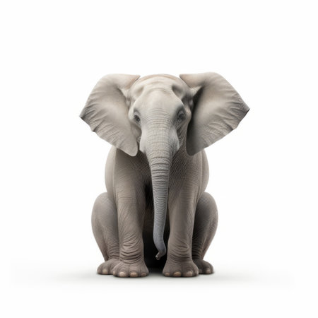 a small gray elephant with a huge trunk sits on a white background, showcasing an intense emotional expression. this optical illusion-inspired artwork, created in the style of john wilhelm, features a stunning 8k resolution. the elephant's white and beige tones, sculpted using zbrush, make it a captivating contest winner. ai generatedの素材