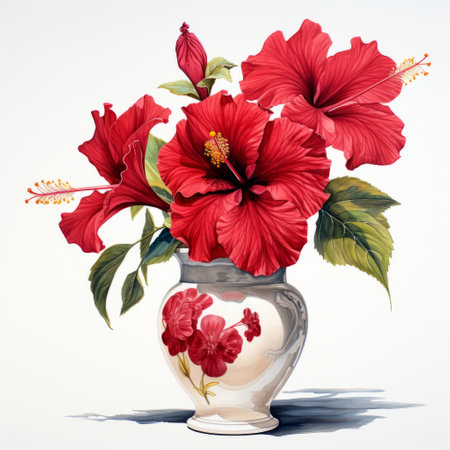 a vase in the white background, showcasing the art of tonga with realistic watercolor painting style. the dark crimson and crimson hues beautifully complement the flower patterns. this nostalgic illustration by chris moore captures tropical symbolism. ai generatedの素材
