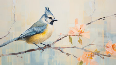 a painting of a bird perched on a flowering cherry branch, combining the styles of lilia alvarado, ryan hewett, meghan howland. the artwork features a satirical twist in wildlife art, with a color palette of light gray, blue, light yellow, and light orange. it showcases non-representational art. ai generatedの素材