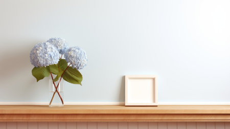 a vase of blue flowers adorns a wooden wall, showcasing a minimalist background. the artist's frame enhances the aesthetic appeal, while the soft color palette creates a soothing ambiance. this 8k 3d image captures the essence of post-internet aesthetics, drawing inspiration from the renowned artist fernando amorsolo and japanese minimalism. ai generatedの素材