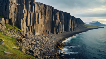 the photo showcases majestic cliffs on a beach, surrounded by lush grass and towering mountains. captured in stunning 8k resolution, this national geographic-style image exhibits dark silver tones and a uhd quality. with a touch of danish design, it highlights the crystalline and geological forms of the cliffs, creating a truly captivating and awe-inspiring scene. ai generatedの素材