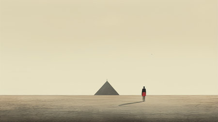 silhouette of a person in the desert, captured by the artist in a minimalist geometric style. the surreal architectural landscapes, inspired by artists like goro fujita, sacha goldberger, and joseph beuys, are depicted with a combination of light black and red tones. the image portrays dusty piles, adding to the overall atmosphere. ai generatedの素材