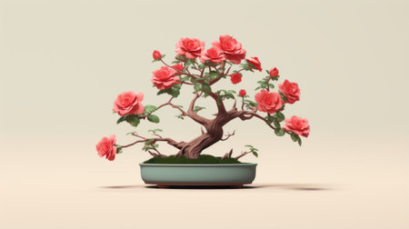 a photo of a bonsai tree with roses in a pot, showcasing meticulous photorealistic still life art. the image features a combination of light red and light cyan tones, with a low resolution reminiscent of the shang dynasty era. the minimalist sets and meticulous design create a lush baroque still life composition. ai generatedの素材