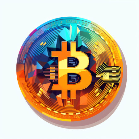 bitcoin coin with a vibrant and psychedelic graphic, featuring a mesmerizing blend of light indigo and light amber colors. the illustration showcases a flat brushwork style, with luminous 3d objects, captivating color gradients, and bold use of colors. the overall effect is enhanced by the transparent and translucent medium used in the artwork. ai generatedの素材