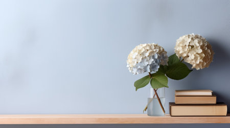 white flowers and a stack of books are placed against a backdrop of blue walls, creating a minimalist aesthetic. the light gray tones and transparency add to the overall simplicity of the scene. this handcrafted image captures the essence of minimalistic japanese style, showcasing classic simplicity in a high-definition format. ai generatedの素材