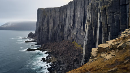 a breathtaking national geographic photo captures a mountain side adorned with cliff-shaped ledges, reminiscent of dramatic seascapes. the rough-hewn surfaces of the ledges add an intriguing texture to the scene, reminiscent of the works of artists such as einar hkonarson, ian spriggs, dod procter, and mallgoth. ai generatedの素材