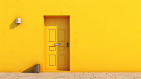 a white door stands in contrast to a vibrant yellow wall, creating a visually striking composition. this realistic yet stylized photograph showcases bold chromaticity and has won a contest. the door serves as a study place, surrounded by monochromatic masterpieces. the dark orange and yellow tones add an inspirational touch to the overall ambiance. ai generatedの素材
