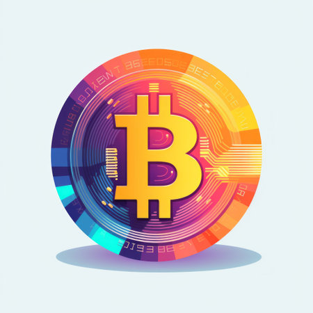 a circular bitcoin symbol with a colorful background, featuring vibrant color usage and bold colorful lines. the design is reminiscent of 2d game art and has a retro futuristic feel. the image also incorporates subtle color gradations and bold color usage, inspired by the memphis design movement. ai generatedの素材