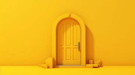 a stunning illustration of a yellow door in space, featuring an abstract background and rendered in the style of unreal engine. this concept illustration exudes childlike simplicity and classic still-life elements. the orange color adds a bold and busy feel to the sculpted door, making it a captivating piece of art. ai generatedの素材